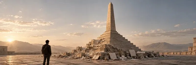 A figure facing a crumbling stepped pyramid with an obelisk rising from its top.